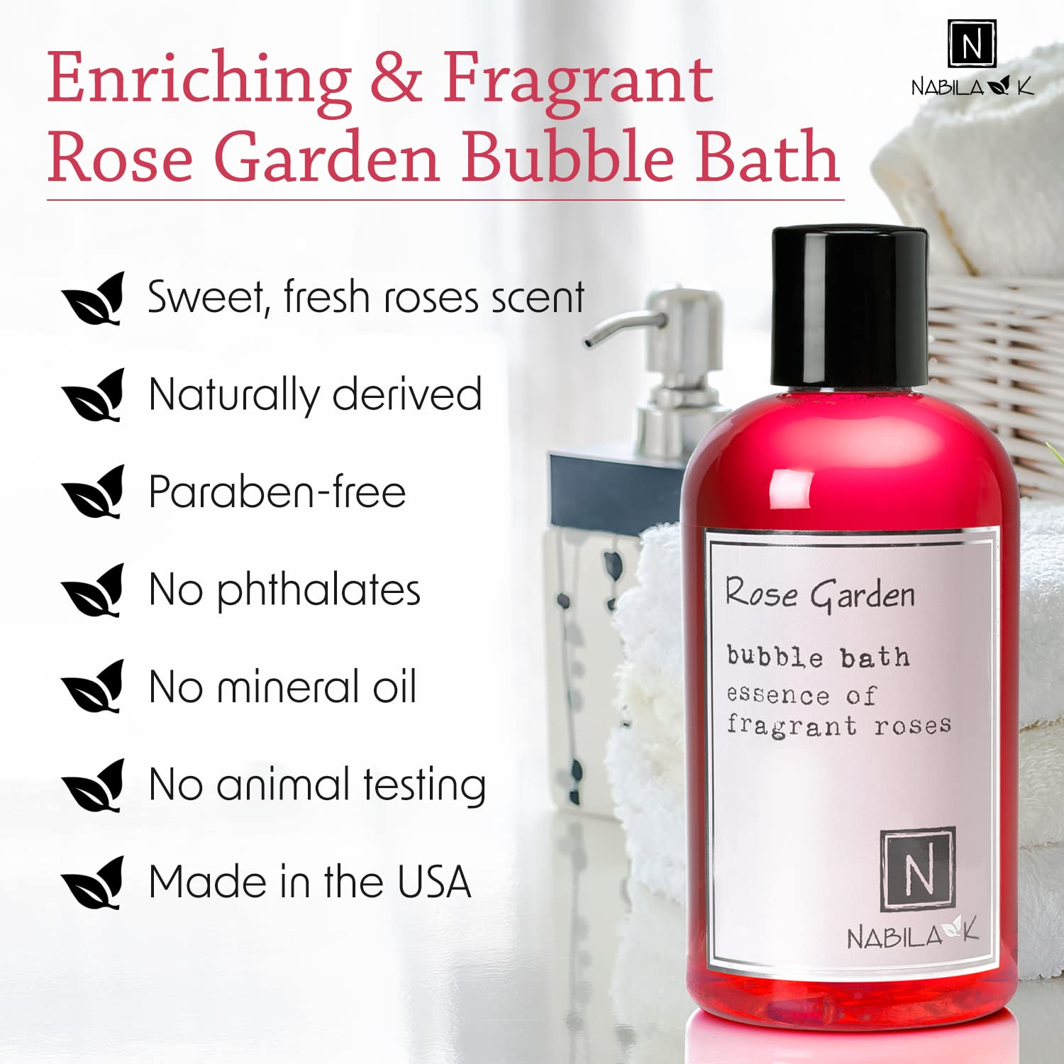 Nabila K Rose Garden Travel Size Bubble Bath with Rose Essential Oils | Natural & Organic, Sulfate-Free, Tear-Free | Aromatherapy Floral Bath Soak for Sensitive Skin | for Women & Men, 2 oz