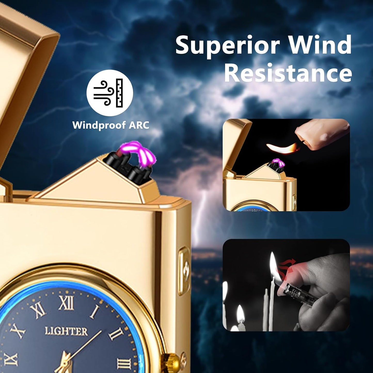 Windproof Dual Arc USB Rechargeable Clock Plasma Lighter with LED Display Lighter for Camping, Hiking, Candles, Barbecues and Outdoor Adventures Carry(Gold)