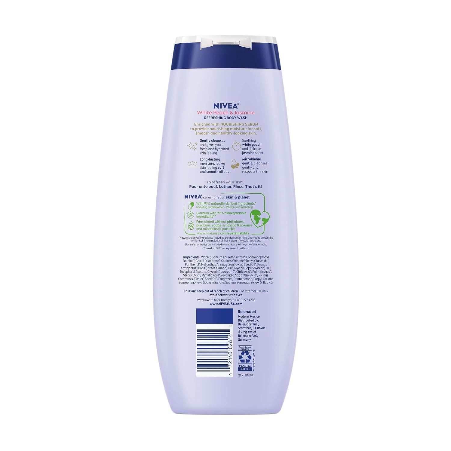 NIVEA Refreshing White Peach and Jasmine Body Wash with Nourishing Serum, Scented Body Wash for Women, Enriched with Provitamin B5 and Vitamin E, 20 Fl Oz Bottle