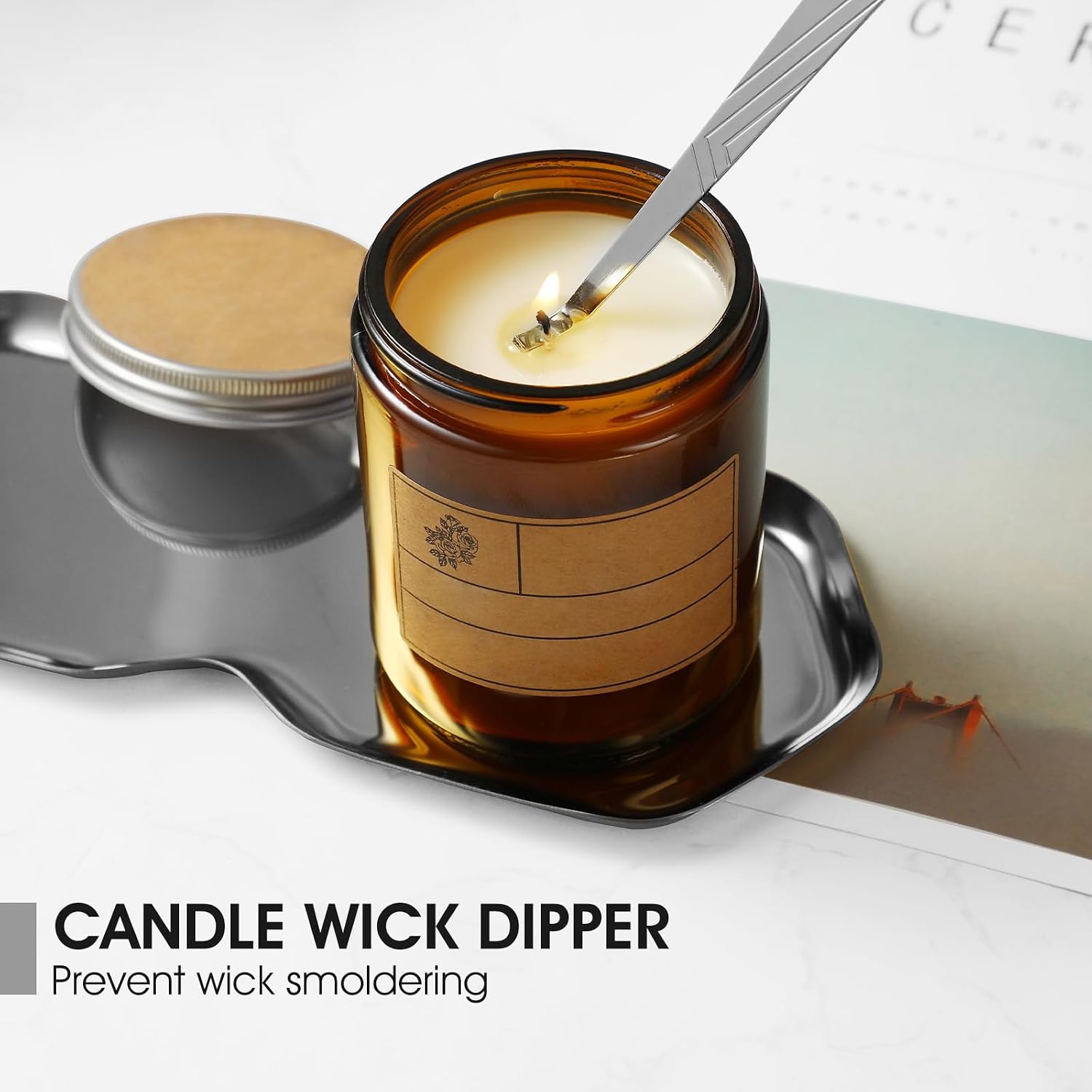 PATOISE 4 in 1 Candle Accessory Set, Wick Trimmer, Candle Snuffer, Wick Scoop, Storage Tray, Perfect for Candle Lovers (Silver)
