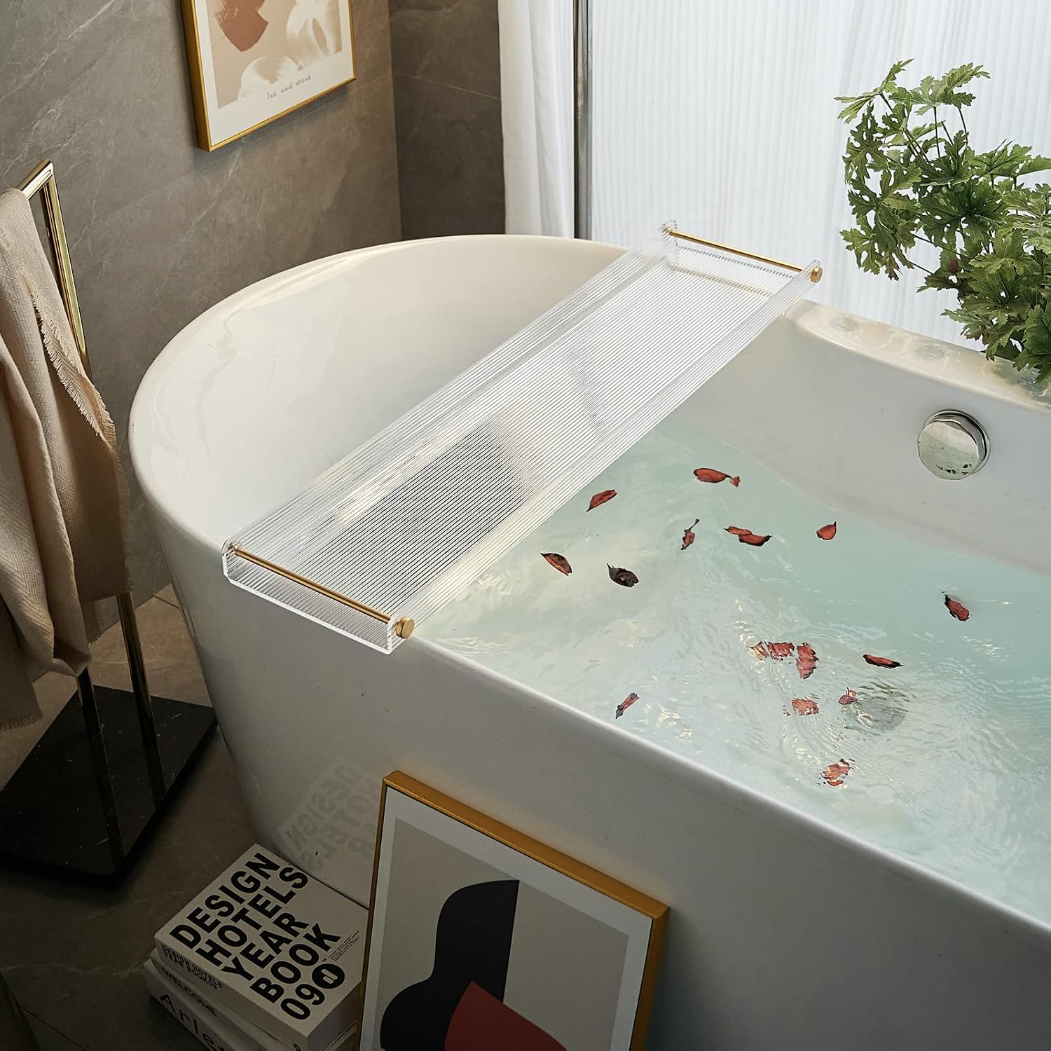 Bathtub Tray Acrylic Bath Tray Bathtub Caddy Non-Slip Bath Tub Tray Table with Gold Brushed Handles