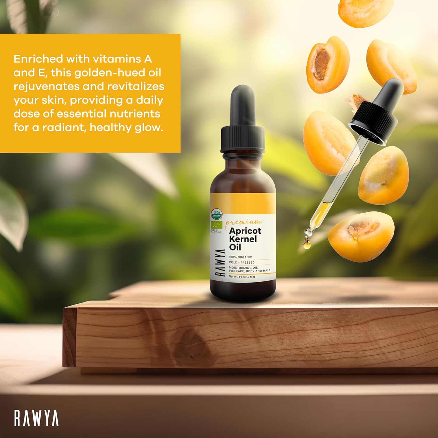 RAWYA Apricot Seed Oil - Cold-Pressed - USDA Organic, Unrefined - Premium Moisturizer Oil for Hair and Skin - Lightweight Texture - Rich in Vitamins A & E - All Skin Type - Glass Bottle - 1.7 Oz
