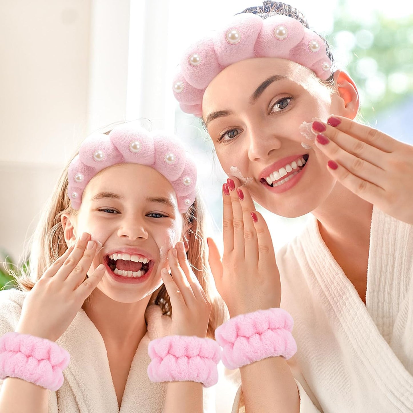 Pearl Rhinestone Headband for Women Girls Terry Cloth Spa Headband for Washing Face Makeup Skincare Puffy Head band (Pink)