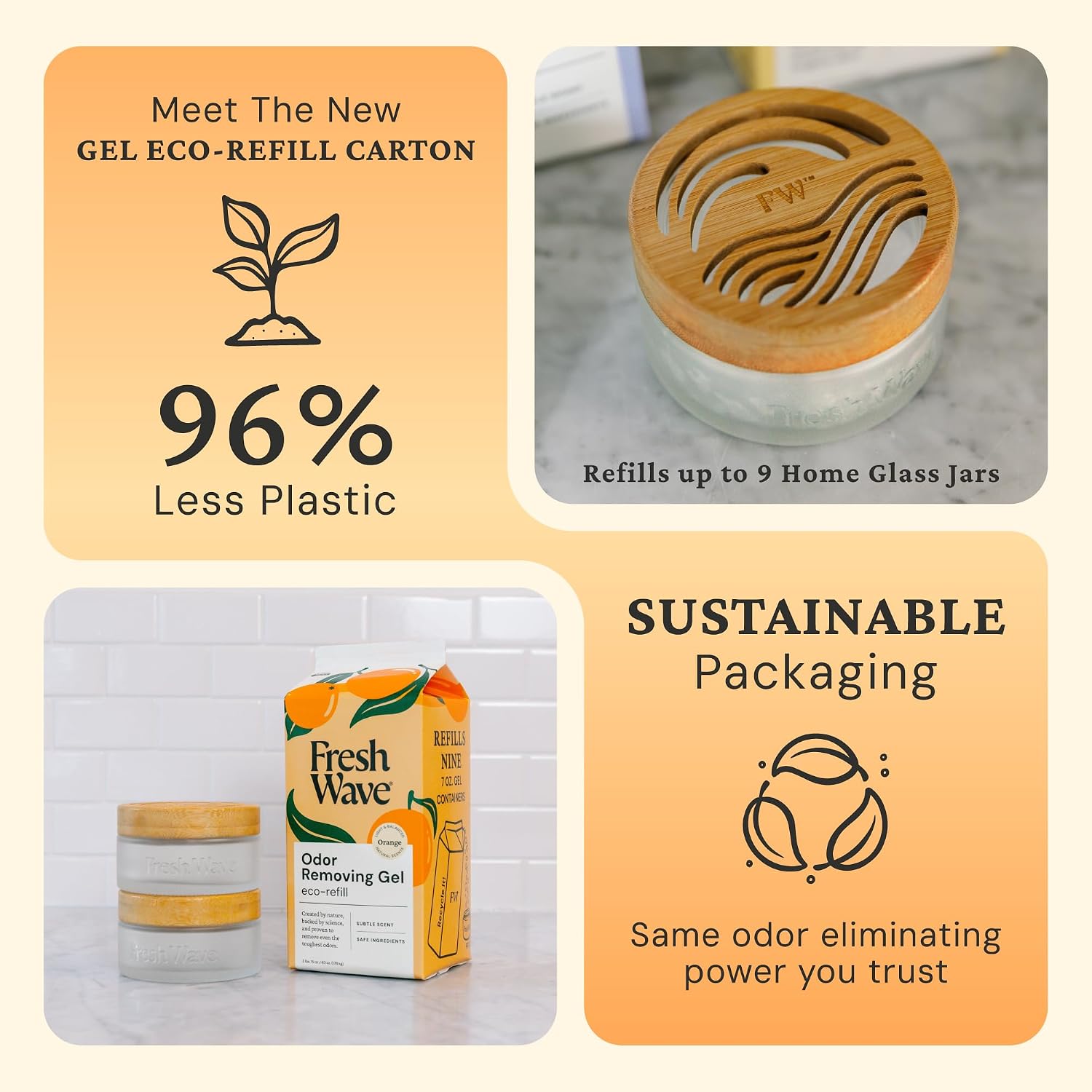 Fresh Wave Odor Removing Gel Eco-Refill, 63 oz. Orange Scent | 2 Empty Refillable Glass Jars | 2 Room Set