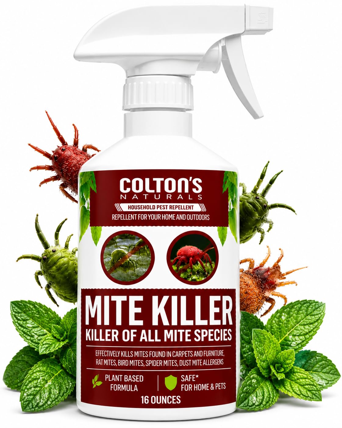 Mite Killer Spray – Kills Dust, Bird, Carpet & Household Mites Fast | Non-Toxic, Kid & Pet Safe Formula for Bedding, Furniture & Home | 16 oz