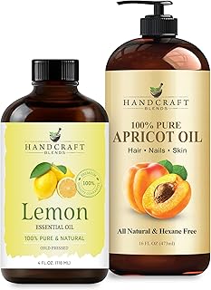Handcraft Blends Radiant Glow Set: Apricot Kernel Oil (16 Fl Oz) and Lemon Essential Oil (4 Fl Oz) – 100% Pure & Natural – for Brightening Skin and Invigorating Massage
