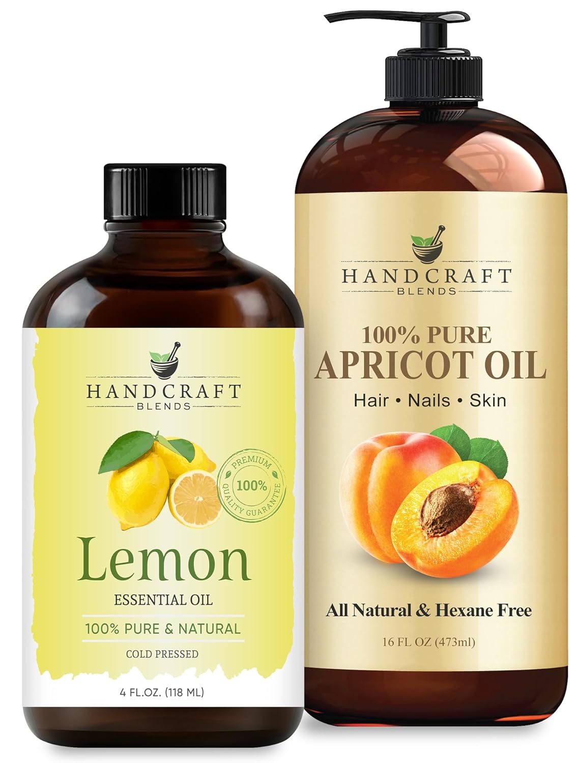 Handcraft Blends Radiant Glow Set: Apricot Kernel Oil (16 Fl Oz) and Lemon Essential Oil (4 Fl Oz) – 100% Pure & Natural – for Brightening Skin and Invigorating Massage