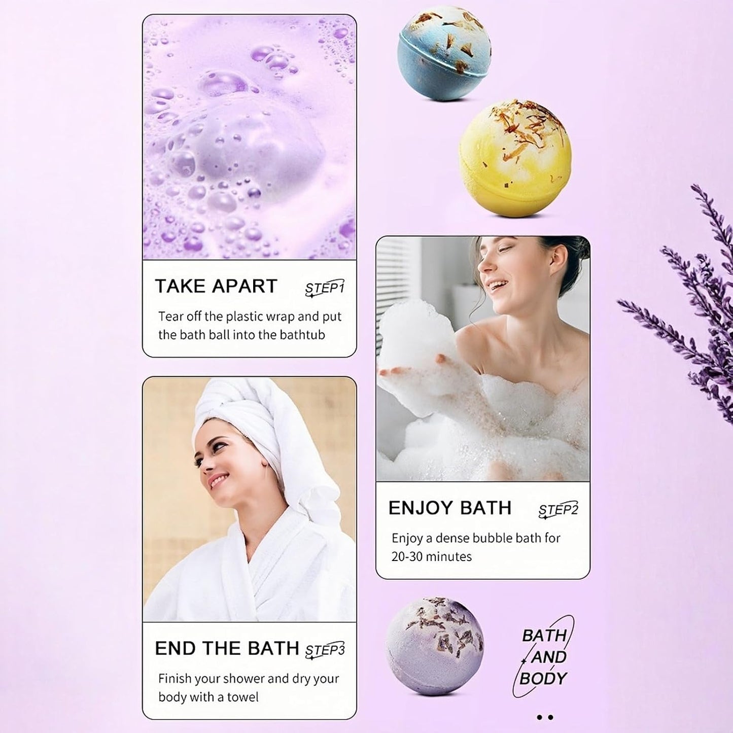 Handmade Bath Bombs Gift Set 4-Pack Handmade Spa Fizzies with Dried Flowers, Shea Butter & Essential Oils for Women, Relaxing & Moisturizing Self Care Kit.