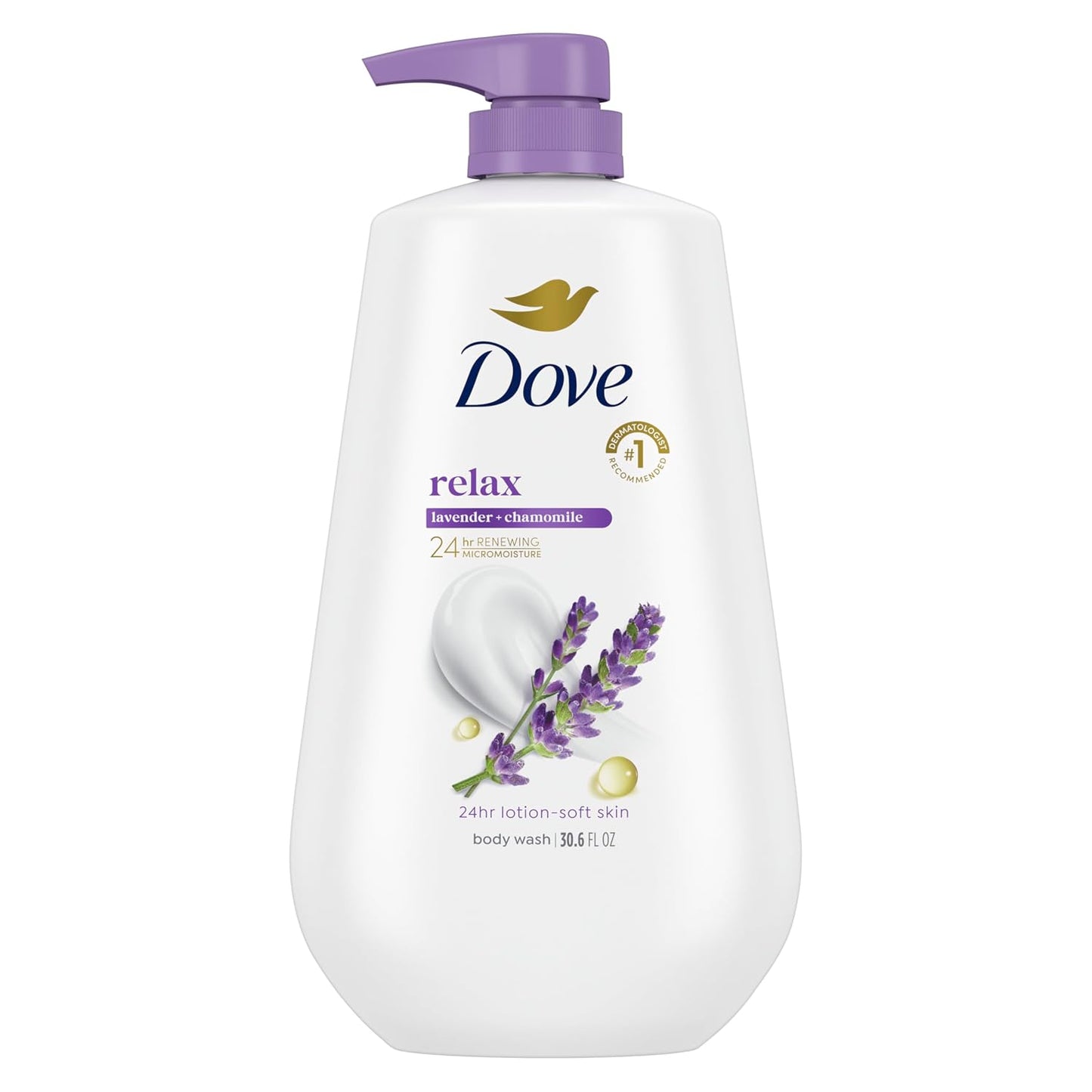 Dove 24hr Lotion Body Wash Relax Lavender Oil & Chamomile, 30.6 oz | Hydrating body wash with MicroMoisture and a calming lavender and chamomile scent