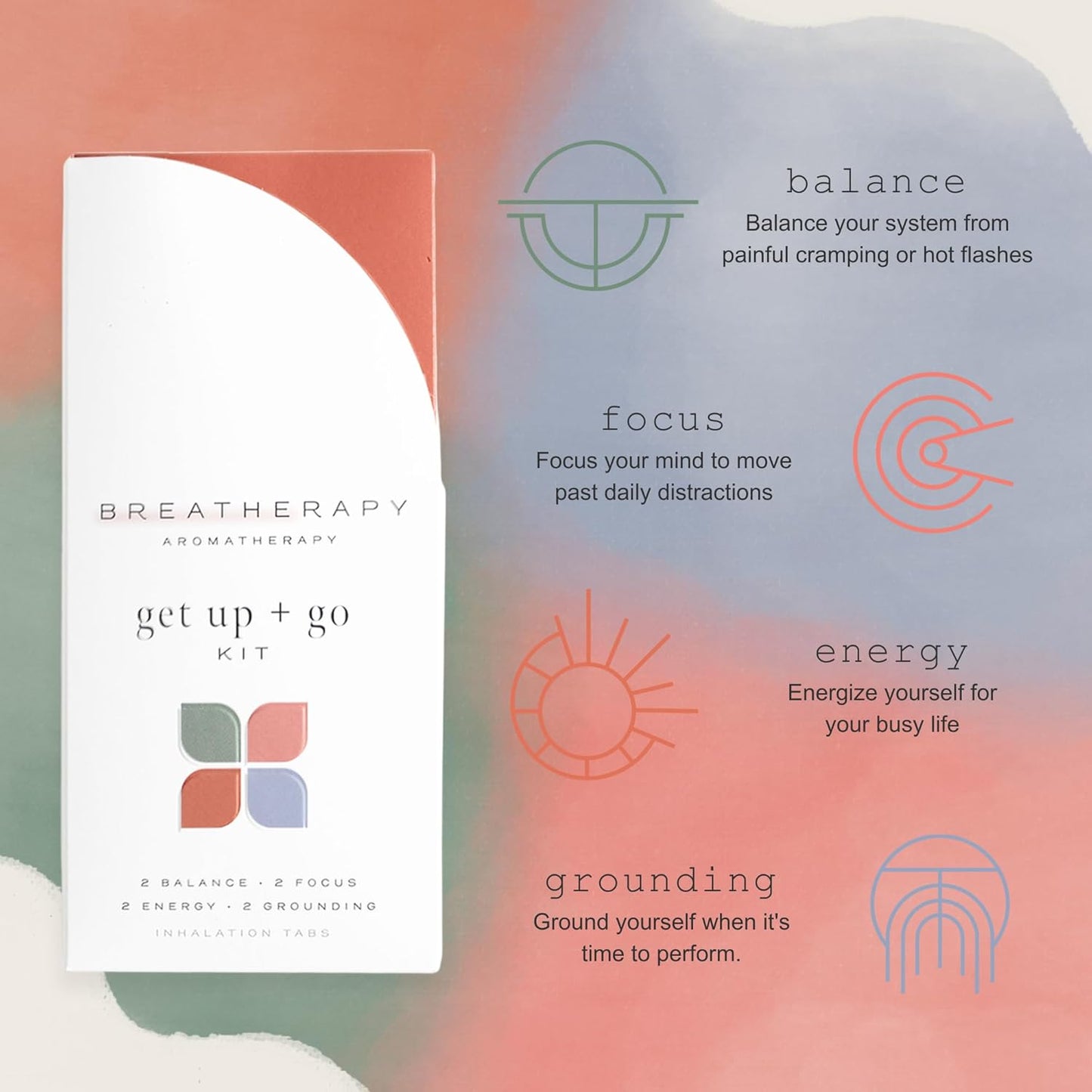 Get Up + Go Kit - Pure Essential Oil Aromatherapy InhalationTabs, 8-Pack (2 Each: Energy, Focus, Balance, Grounding)