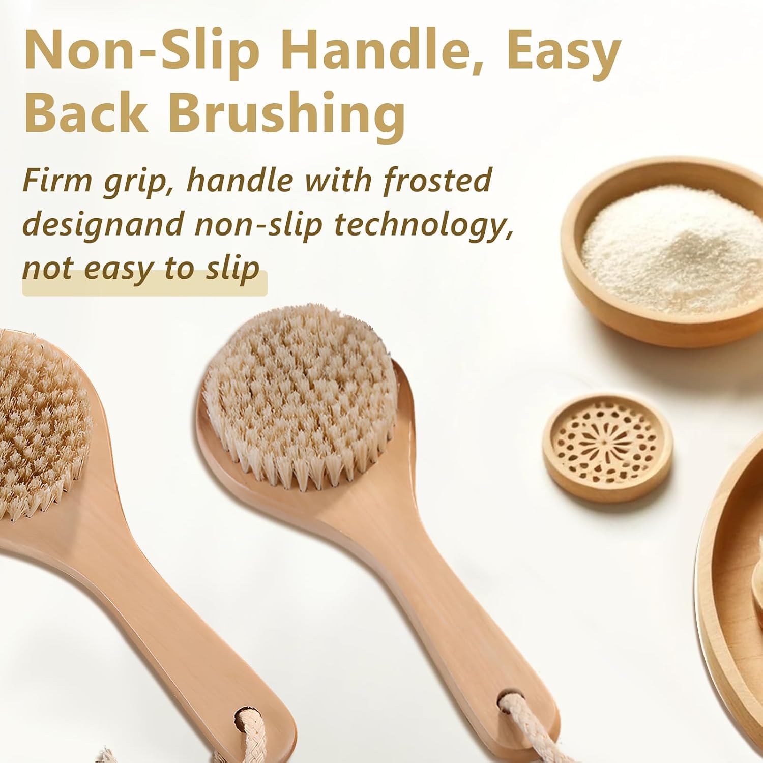 Dry Bath Body Brush with Short Handle, Natural Bristles Back Scrubber, Anti-Slip Wooden Handle for Exfoliation, Blood Circulation, and Cellulite Reduction, Brown