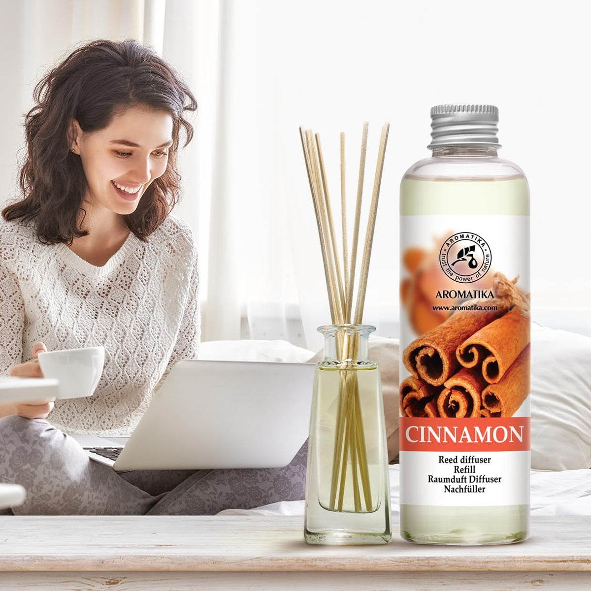 Cinnamon Reed Diffuser Refill with Natural Essential Cinnamon Oil 6.8 Fl Oz - Fresh &amp; Long Lasting Fragrance - Reed Diffuser Oil Refill for Aromatherapy - Home - Fitness - Boutique