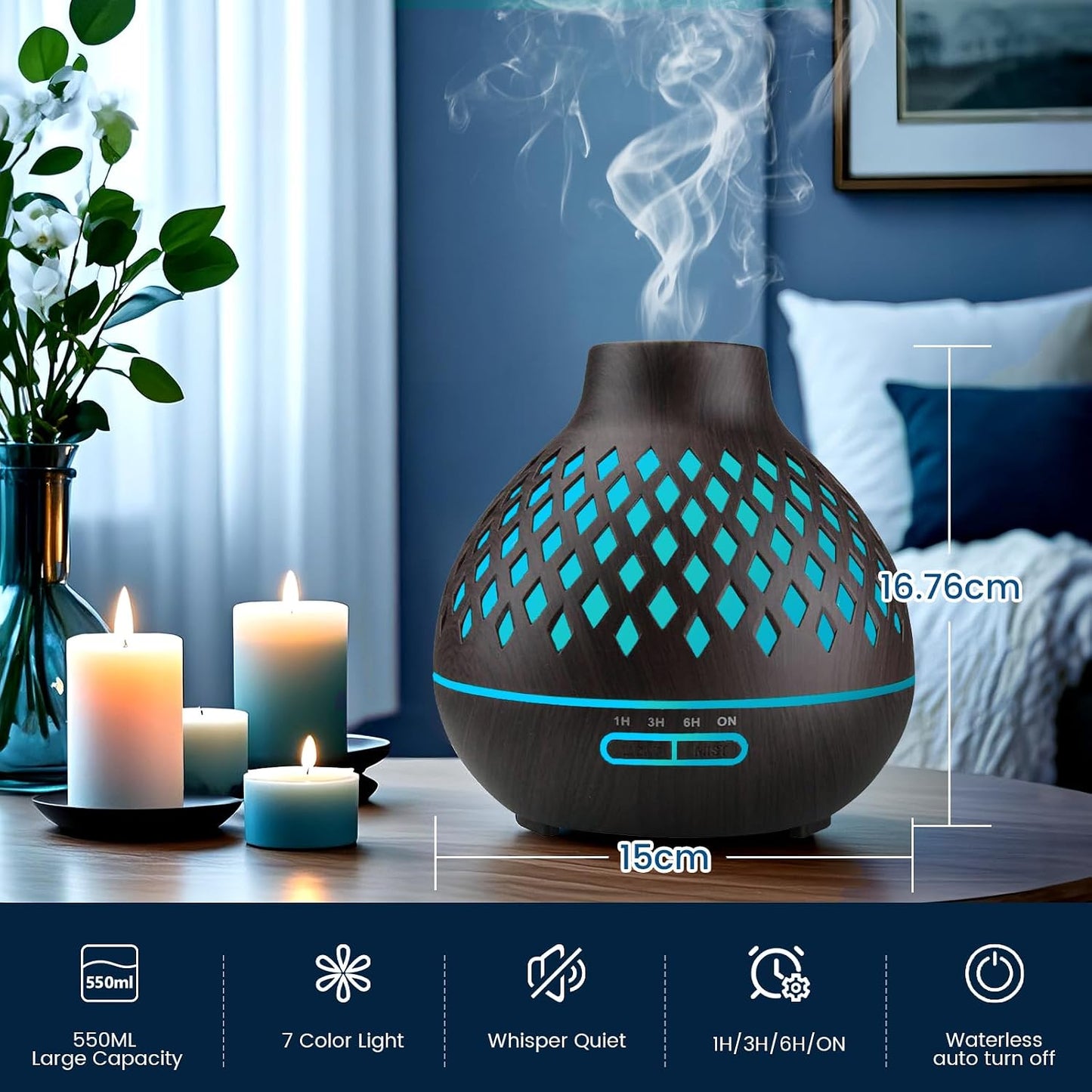 Aeshory Essential Oil Diffuser & 12 Essential Oils Set, 550ML Aromatherapy Diffuser for Home, Ultrasonic Cool Mist Humidifier with Remote Control 4 Timer 7 Color LED Light, Waterless Auto Off, Dark