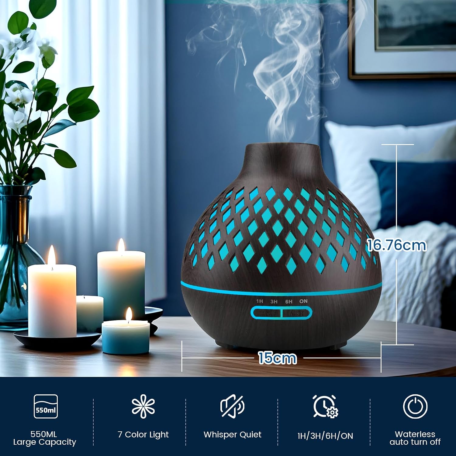 Aeshory Essential Oil Diffuser & 12 Essential Oils Set, 550ML Aromatherapy Diffuser for Home, Ultrasonic Cool Mist Humidifier with Remote Control 4 Timer 7 Color LED Light, Waterless Auto Off, Dark