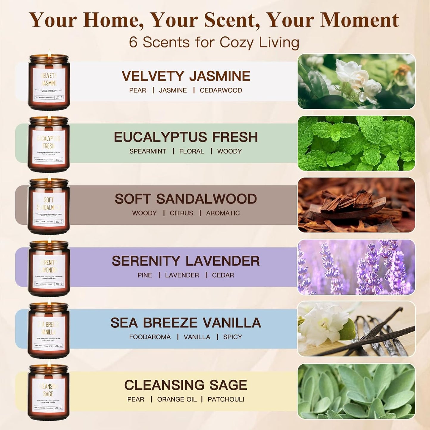 Scented Soy Candles Set for Women - 6 Pack 42oz 300Hour Candle for Home Scented, Lavender Vanilla Eucalyptus Sage Jasmine Sandalwood, Natural Soy Wax Aromatherapy Candles ﻿