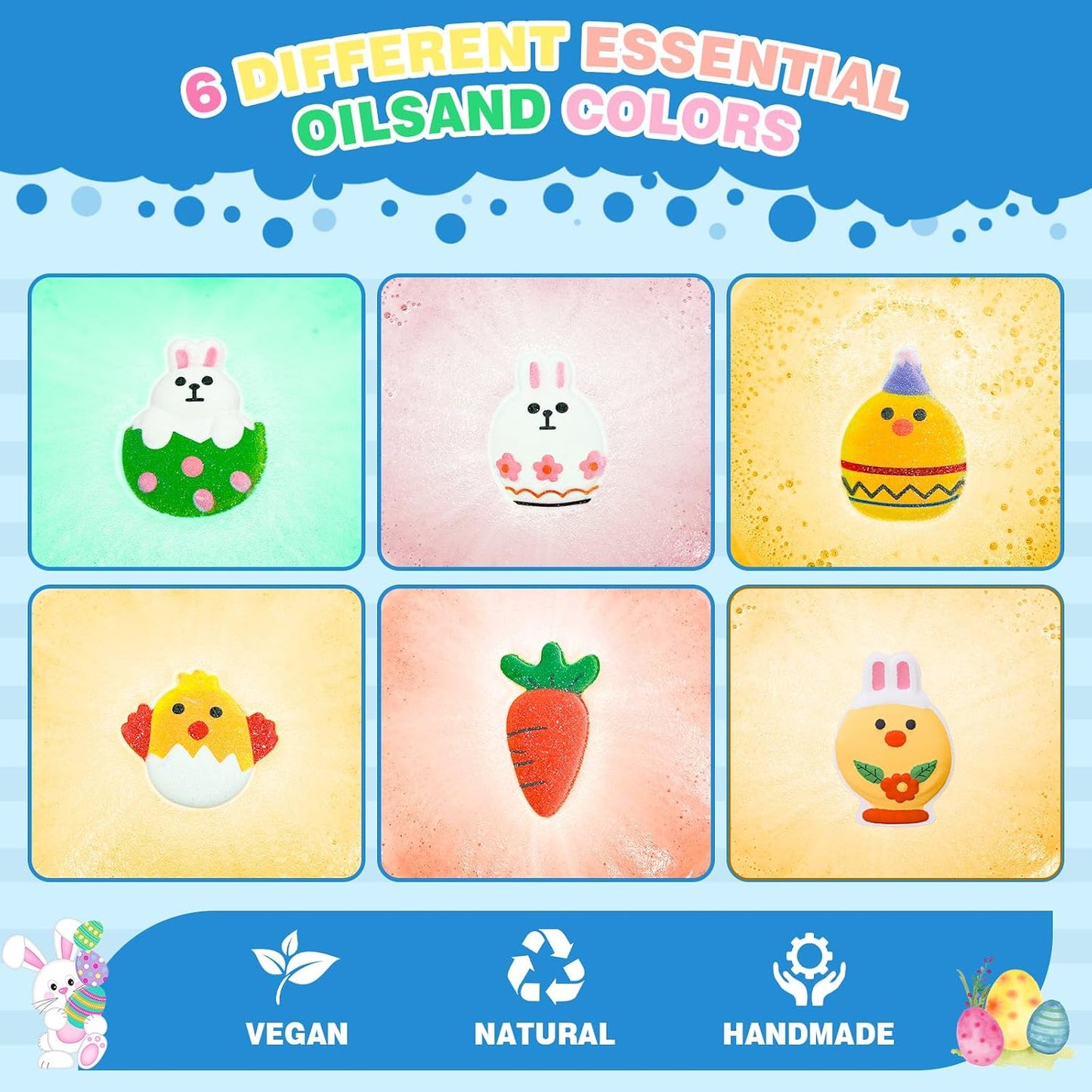 Easter Bath Bombs for Kids, Teen Easter Basket Stuffers, 6 Pack Boys & Girls -Easter Bunny, Chicken & Egg Shapes -Handmade Gentle, SafeFizz Balls-Great Easter Party Favors