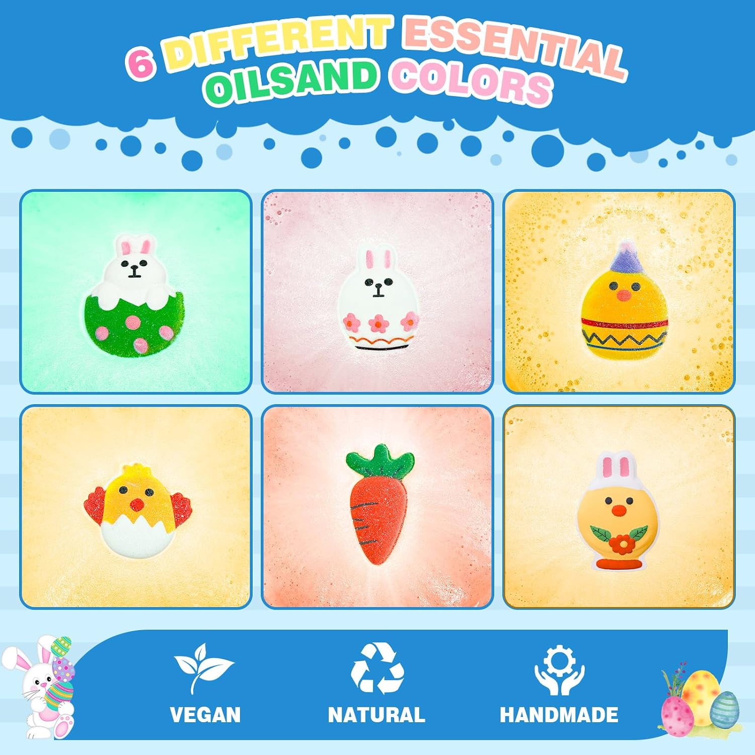 Easter Bath Bombs for Kids, Teen Easter Basket Stuffers, 6 Pack Boys & Girls -Easter Bunny, Chicken & Egg Shapes -Handmade Gentle, SafeFizz Balls-Great Easter Party Favors