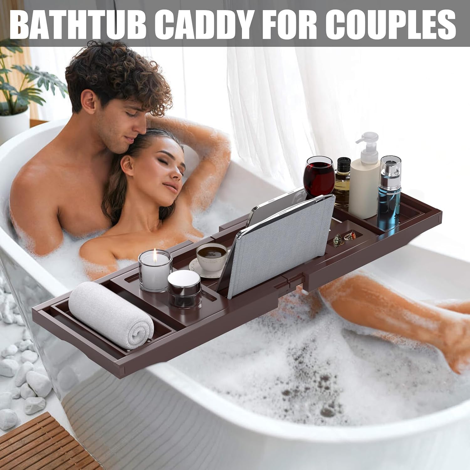 Bathtub Tray Caddy, Expandable Bath Trays for Tub, Bamboo Shelf & Table with Wine Glass Holder,Bathroom Accessories for New Home & Mothers Day & Birthday Gifts for Mom,Brown