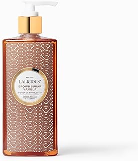 LALICIOUS Brown Sugar Vanilla Shower Oil & Bubble Bath, Moisturizing Body Wash with Topical Probiotics & Grapeseed Oil, Multi-Use Softening Cleanser for Shower, Bath & Shaving, 10 oz