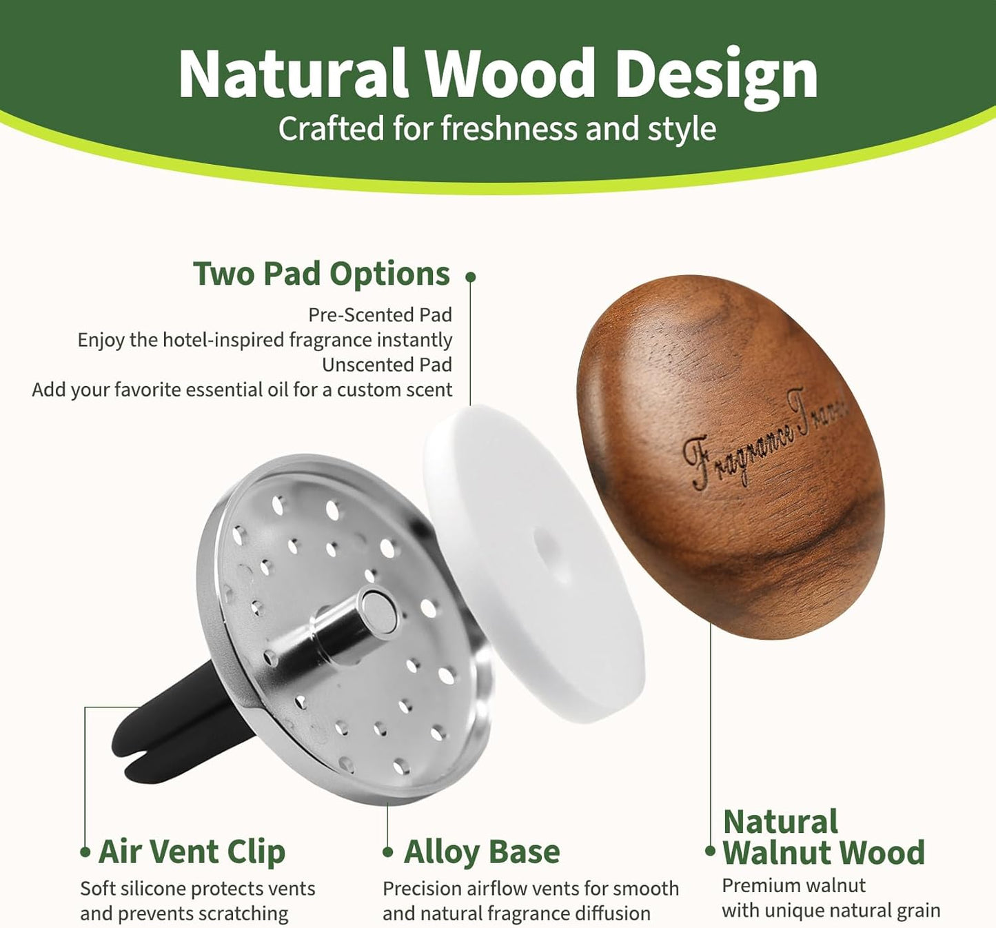 Wooden Car Air Freshener Vent Diffuser, Dark Brown Walnut Wood with Zinc Alloy Base, Refillable Essential Oil Compatible Car Vent Clip, Includes 4 Scented Pads, Long Lasting Natural Diffuser