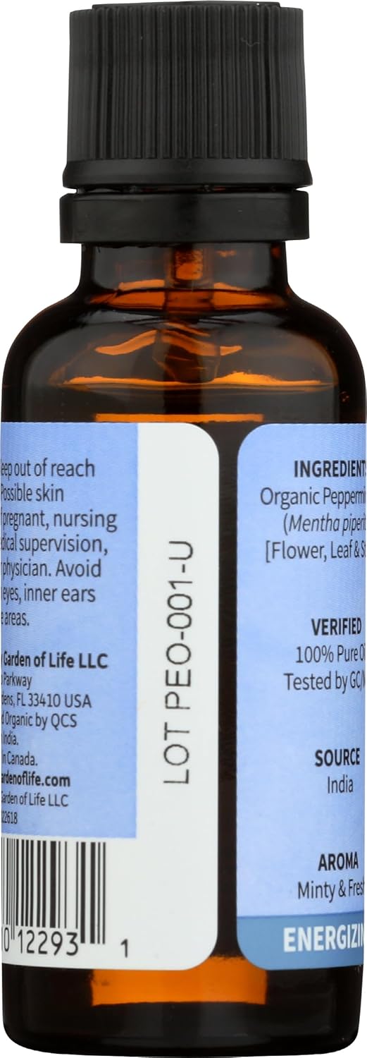 Garden of Life Essential Oil, Peppermint 1 fl oz (30 mL), 100% USDA Organic & Pure, Undiluted & Non-GMO - for Diffuser, Aromatherapy, Meditation - Energizing, Invigorating, Refreshing, Uplifting