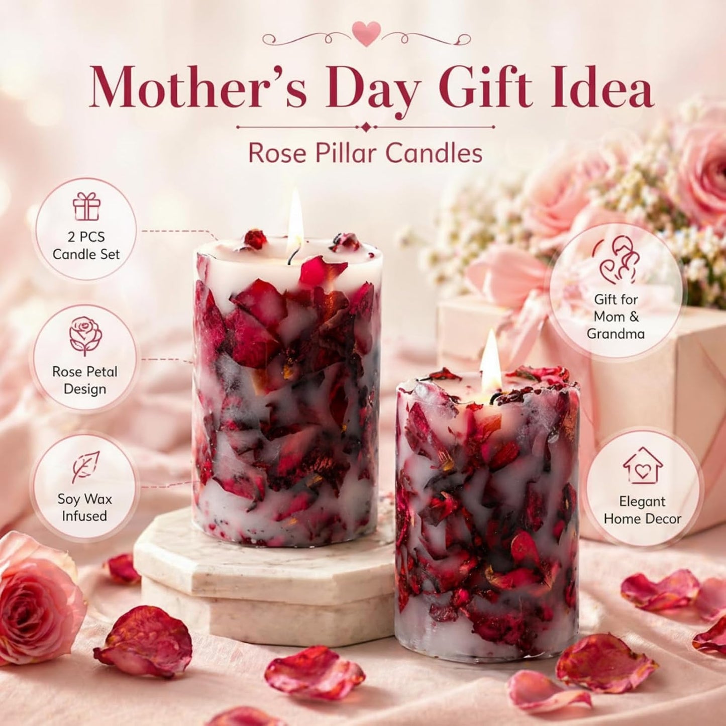 Nuanchu 2 Pcs Rose Petal Scented Pillar Candles - Dried Flower Infused Soy Wax Candles, Burning Candle for Home Decor, Wedding, Romantic Night, Birthday, Anniversary, Gifts for Women
