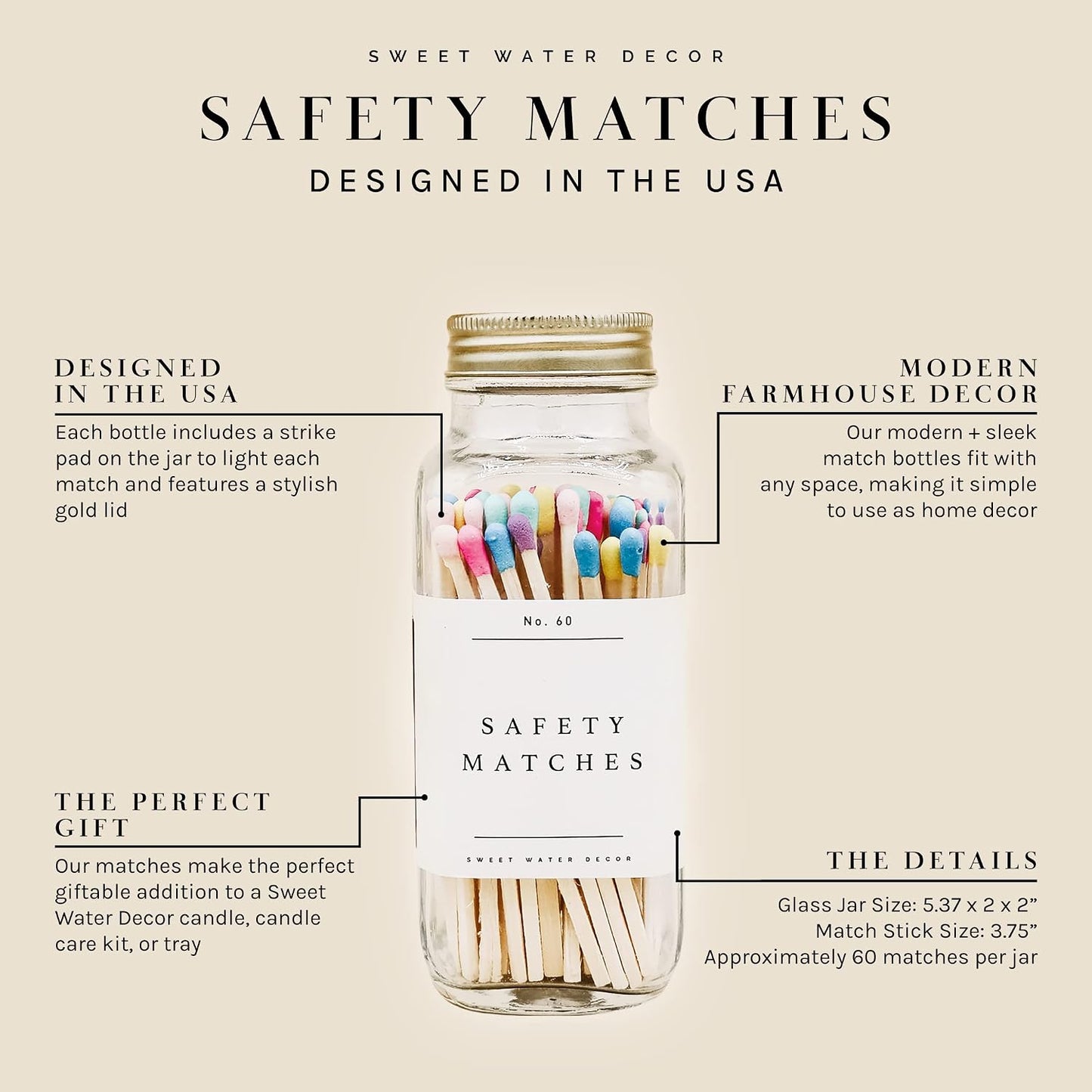 Sweet Water Decor 4" Rainbow Safety Matches - Glass Jar with Gold Lid | Approx. 60 Matches | Matchsticks | Home Decor | Candle Accessories | Apothecary Jars for Fireplace | Housewarming Gift