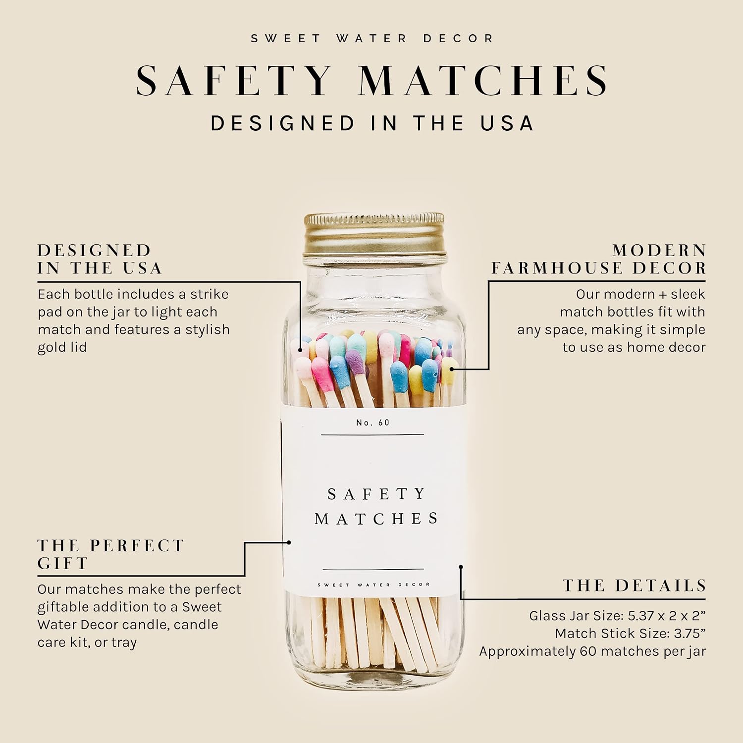 Sweet Water Decor 4" Rainbow Safety Matches - Glass Jar with Gold Lid | Approx. 60 Matches | Matchsticks | Home Decor | Candle Accessories | Apothecary Jars for Fireplace | Housewarming Gift