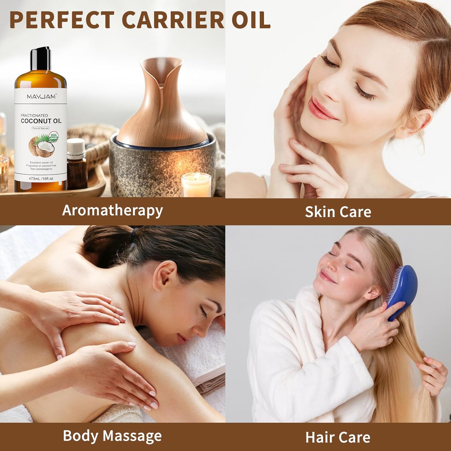 MAYJAM Organic Fractionated Coconut Oils Liquid 16oz, 100% Pure & Natural USDA Certified Cold Pressed Coconut Carrier Oil for Face Skin & Hair Moisturizing, Body Massage Oil for Essential Oils Mixing