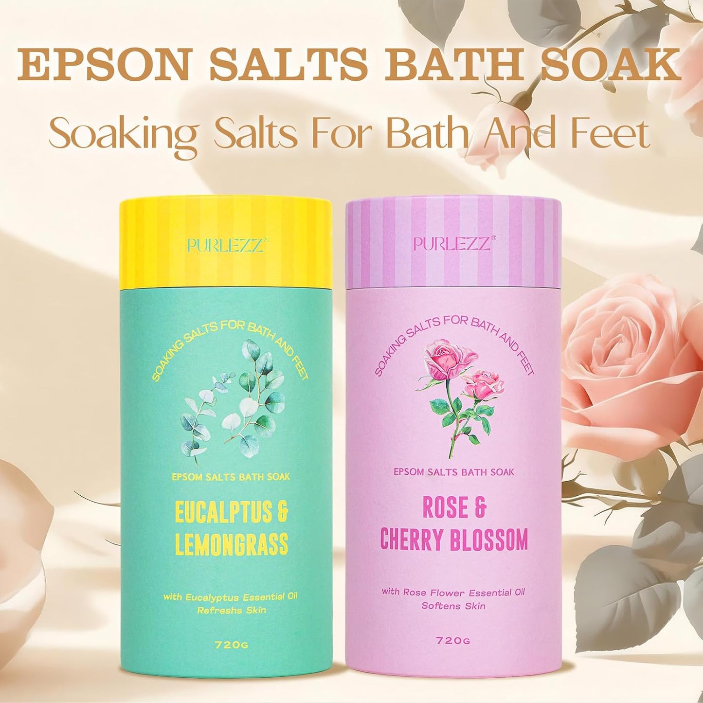 Gifts for Women Floral Epsom Salt Gift Set Spa Gift Basket, Self Care Salt | Epsom Bath Salts Gift Basket Set Bath Salt in Elegant Box, Gifts for Mom, Her, cherry blossom, Eucalyptus, Lemongrass, Rose