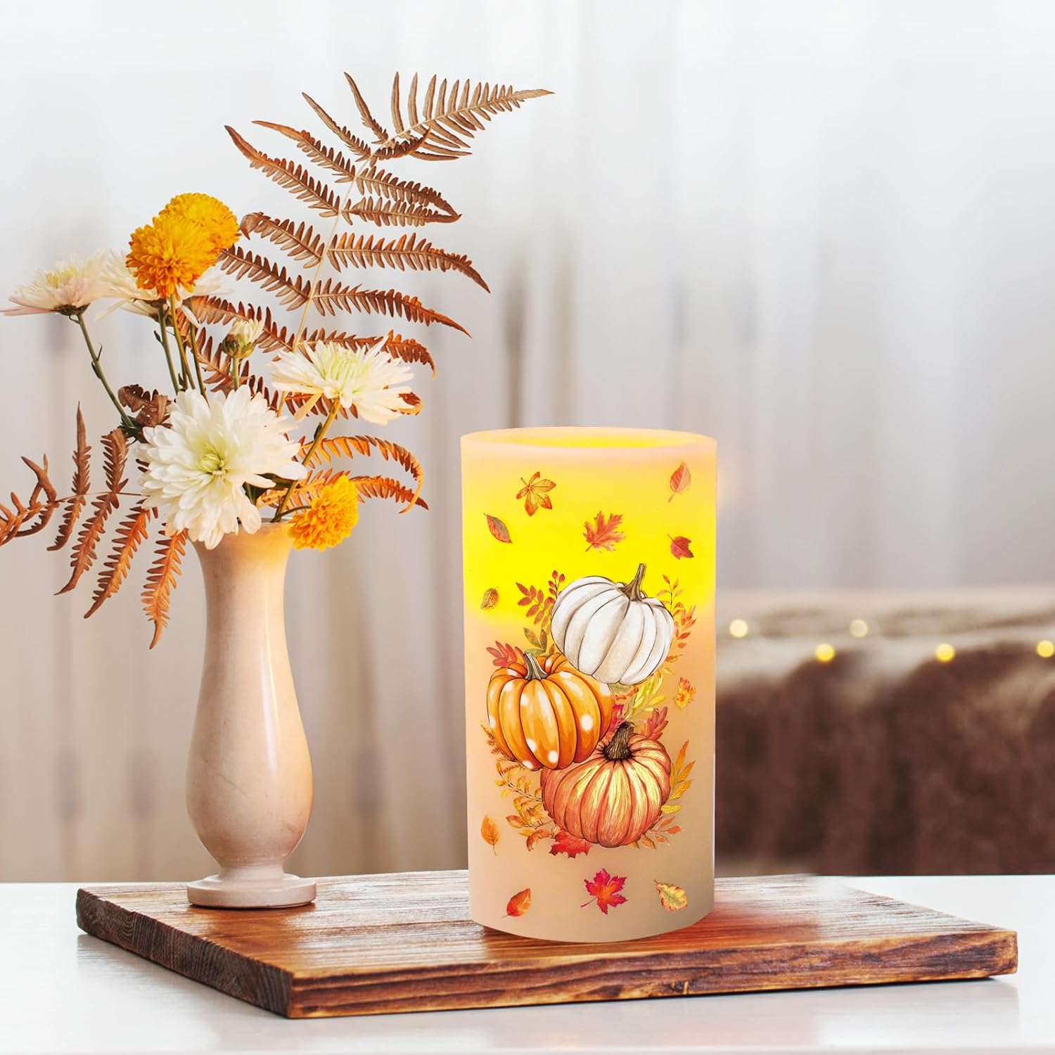 Whaline Fall LED Flameless Candles Orange Pumpkin Warm Light Battery Operated Pillar Candles Autumn Electric Flickering Candle for Thanksgiving Party Home Decor, Set of 3