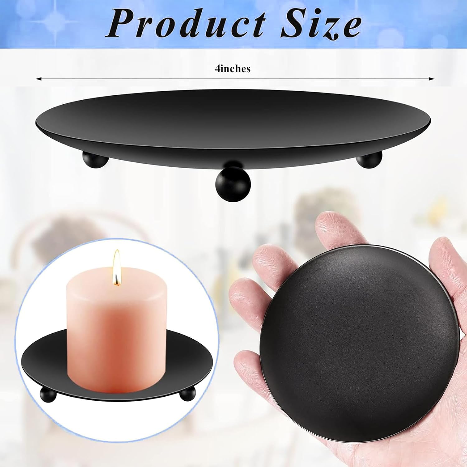 8PCS Black Candle Holder Iron Plate, 4'' Stand for LED & Wax Candles, Decorative Pillar Plate for Incense Cones, Spa, Weddings, Party