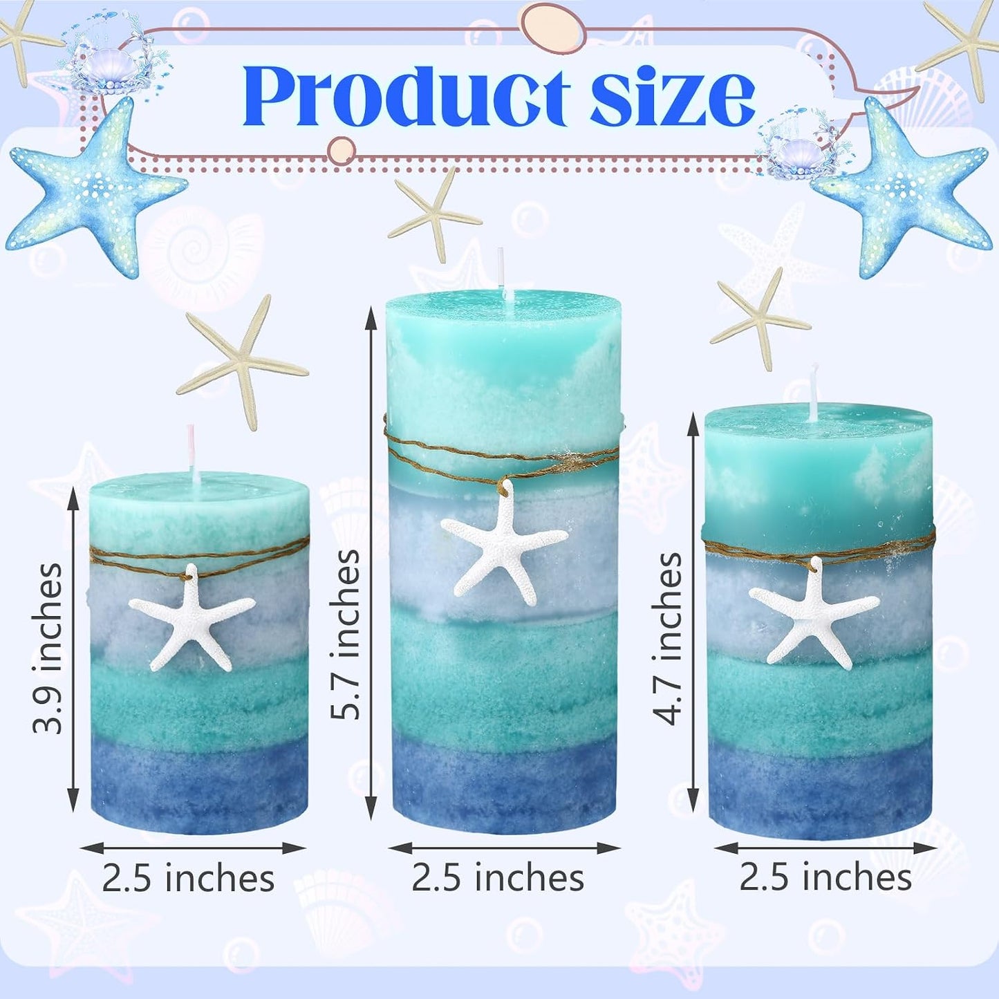 Threlaco Set of 3 Ocean Pillar Candles with Starfish Decorative Blue Pillar Layered Candles Clean Long Lasting with Ornaments for Summer Home Party Room Decor 3 Sizes