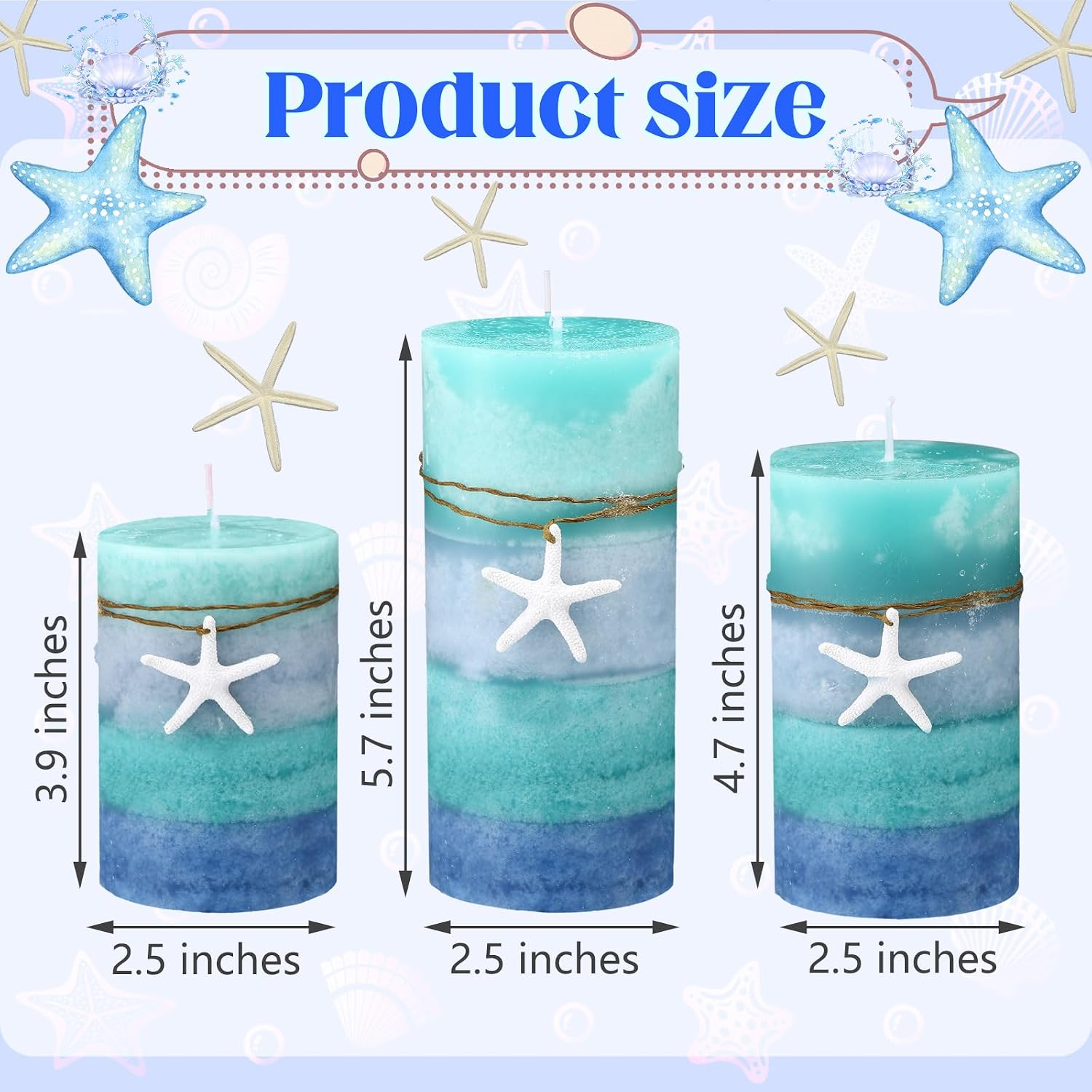 Threlaco Set of 3 Ocean Pillar Candles with Starfish Decorative Blue Pillar Layered Candles Clean Long Lasting with Ornaments for Summer Home Party Room Decor 3 Sizes