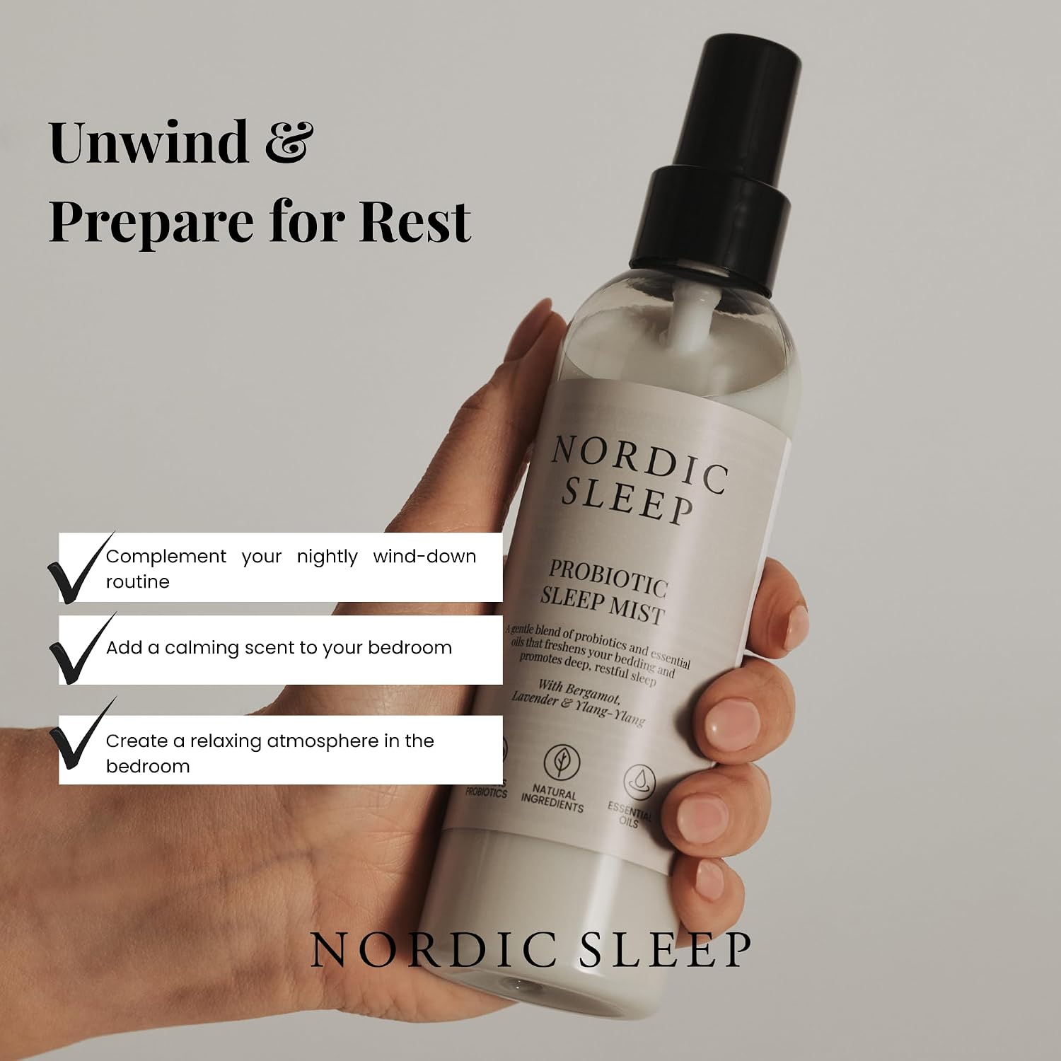 Nordic Sleep Sleep by Fossflakes, Mist 190 ml – Calming Pillow & Room Spray with Lavender, Ylang-Ylang & Bergamot, Probiotic Odor Neutralizer, Go to Bed Aid Mist for Bedroom