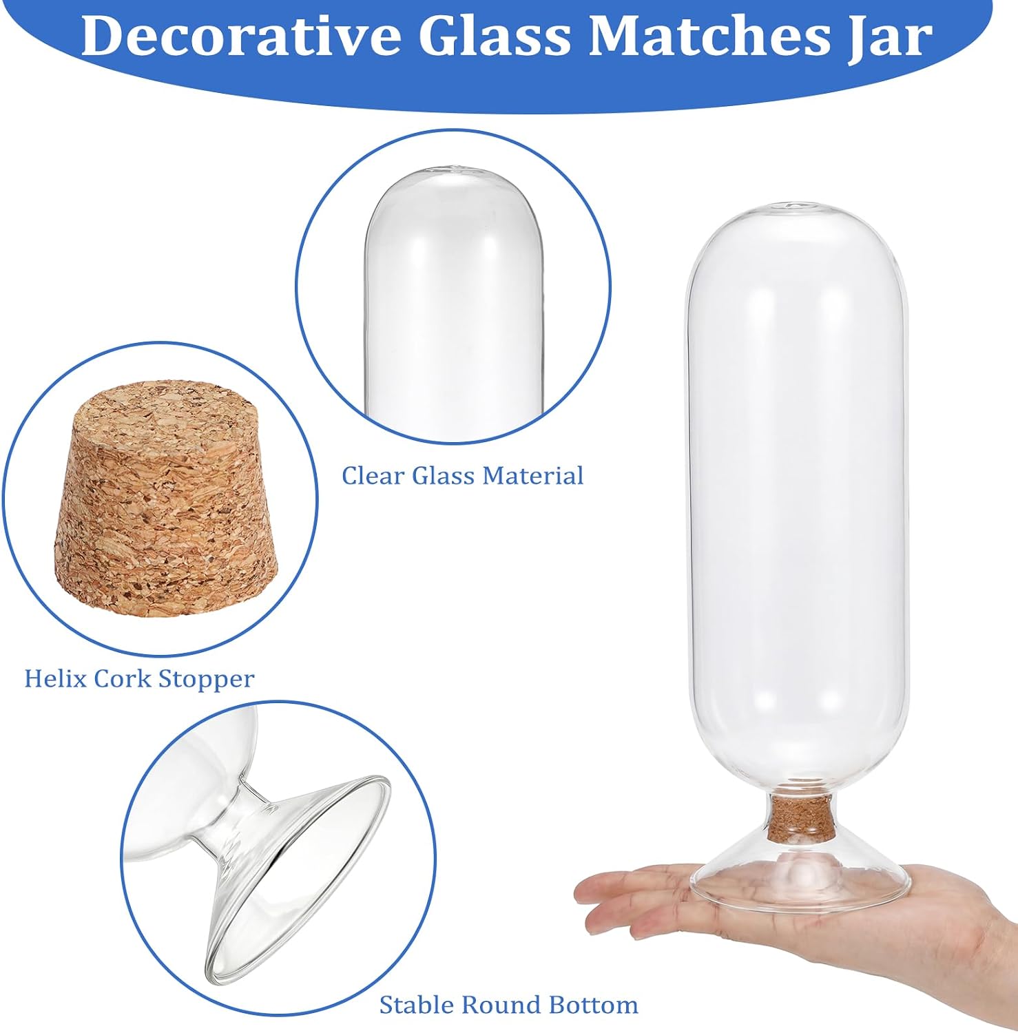 OwnMy 8 Inch Glass Match Cloche Decorative Glass Match Holder Jar with Cork Stopper, Clear Glass Matches Box Matchstick Holder Organizer for Home Bathroom Fireplace Candle Use (NOT Includes Matches)