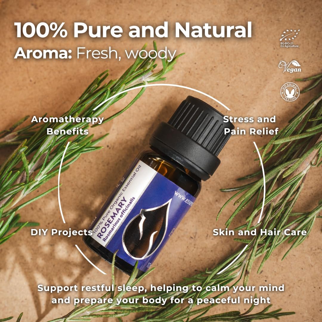 Essences Bulgaria Organic Rosemary Essential Oil 1/3 Fl Oz | 10ml | Rosmarinus officinalis | 100% Pure and Natural | Undiluted | Therapeutic Grade | Family Owned Farm | Steam-Distilled | Non-GMO