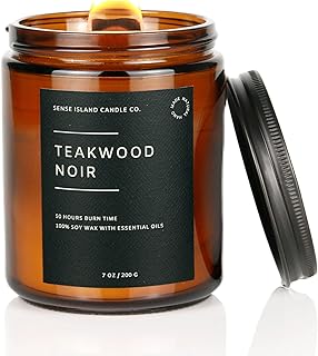 Teakwood Noir Mahogany Crackling Wood Wick Candle for Men – Strong Masculine Scent, 100% Soy, 50-Hour Burn – Luxury Scented Candle with Crackling Wooden Wick for Home, Office, Gifts
