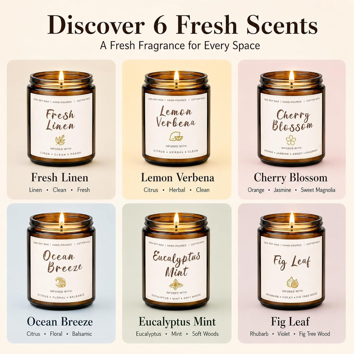 Soy Scented Candles Gift Set - 6 Pack Natural Soy Wax Long Lasting Candles