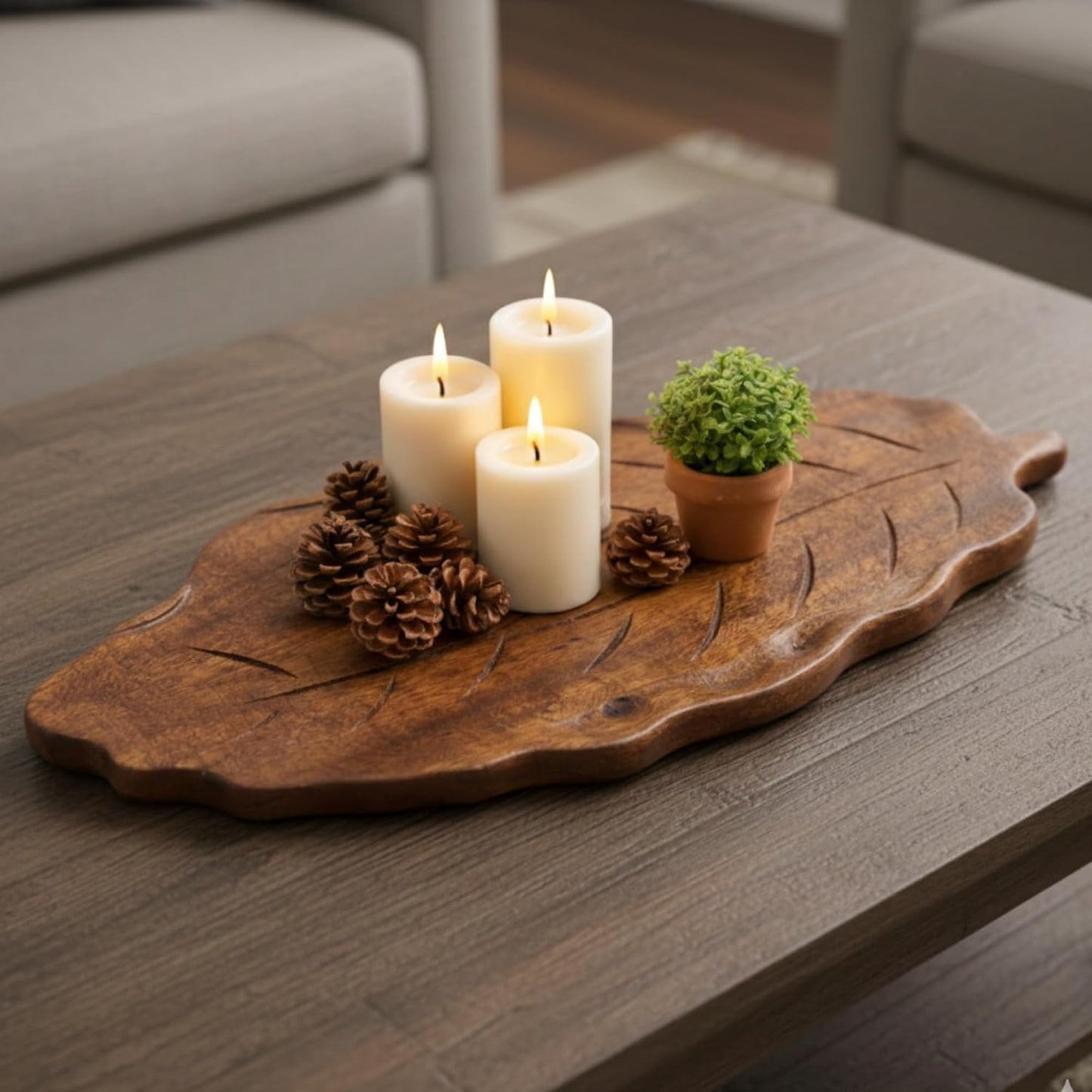 Acacia Wood Leaf Tray - 14" Decorative Tray for Candles, Perfume, Leaf Wooden Jewelry Tray Trinket Dish - Farmhouse Table Centerpiece - Wooden Trays for Coffee Table Wedding Home Decor