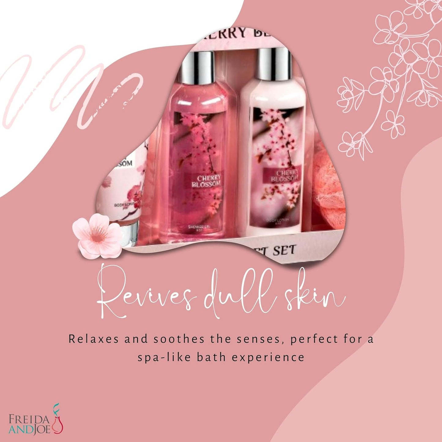Fragrance Bath & Body Collection Gift Box, Includes Shower Gel, Body Lotion, Body Scrub, Bath Bomb & Sponge (Cherry Blossom) – Mother's Day Gift for Mom