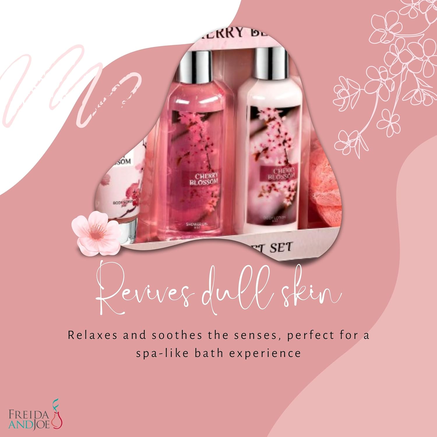 Fragrance Bath & Body Collection Gift Box, Includes Shower Gel, Body Lotion, Body Scrub, Bath Bomb & Sponge (Cherry Blossom) – Mother's Day Gift for Mom