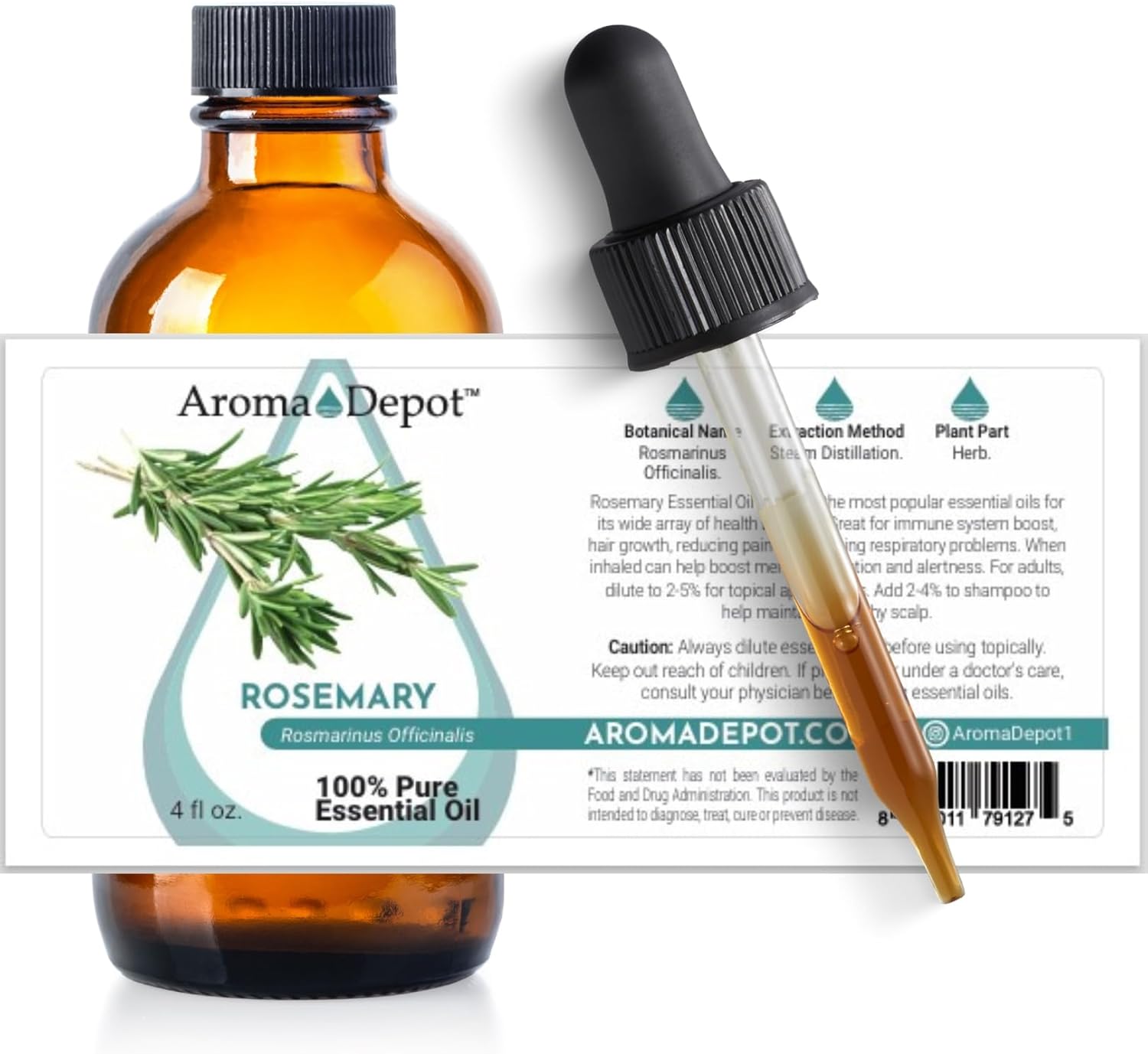 4 fl oz. Rosemary Essential Oil with Dropper 100% Pure Natural, Therapeutic Grade. Ideal for Aromatherapy, Oil Diffuser. Ideal for Body, Skin, and face. (4 Ounce)