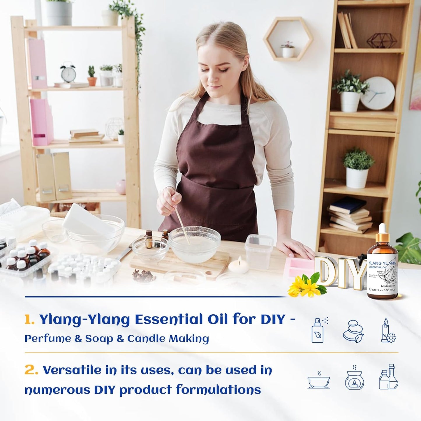 HIQILI Ylang-Ylang Essential Oil, Long-Lasting Scent for Diffuser, Perfumes, Aromatherapy, DIY - 3.38 Fl Oz