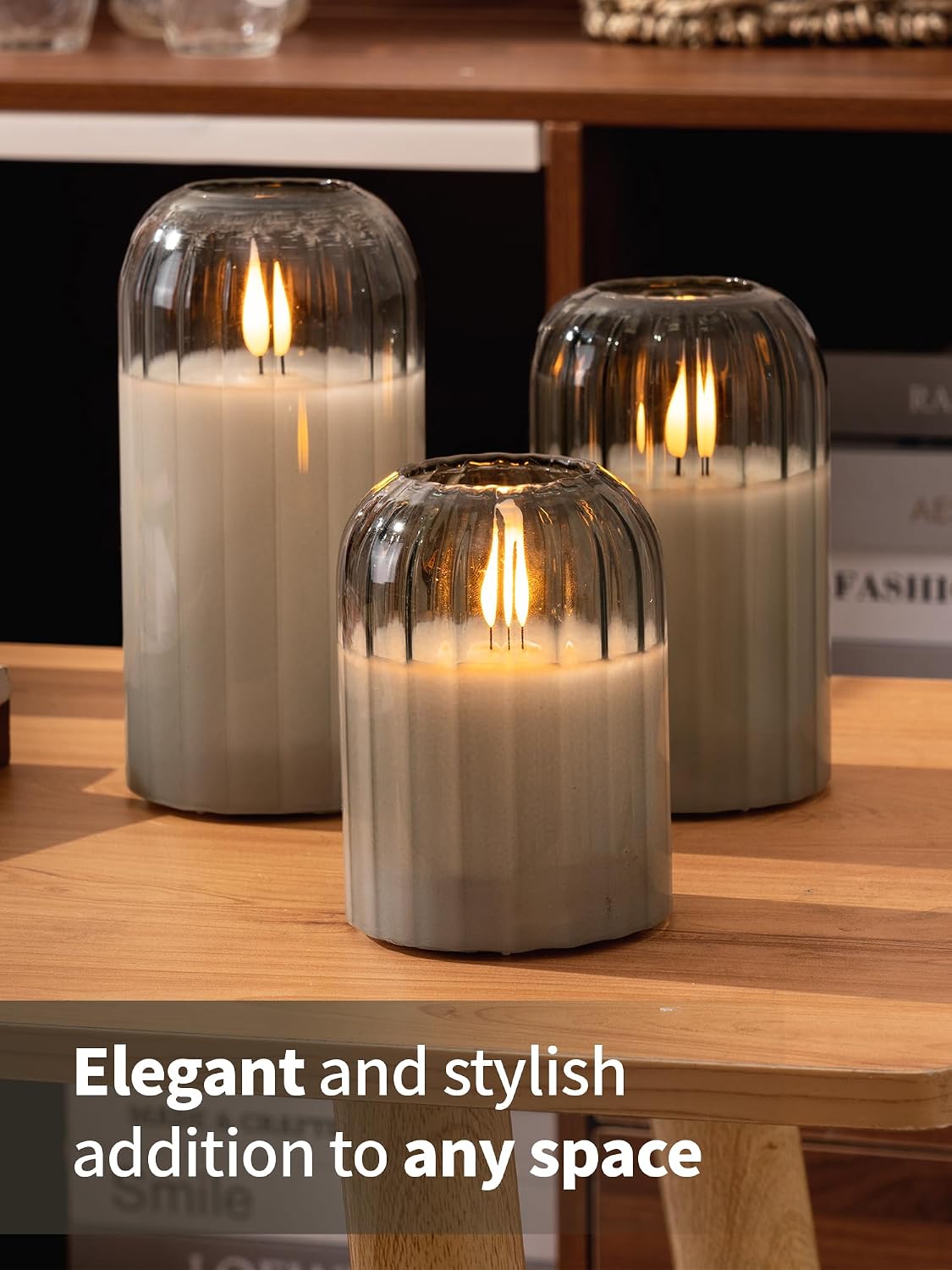 Glass Ribbed Flameless Candles - Battery Candles with Remote Timer, Green Glass LED Candles with Pumpkin Shape, Warm Light, Lasting 350 Hrs and Brightness Adjustment, Φ 3" H 4" 5" 6", Set of 3