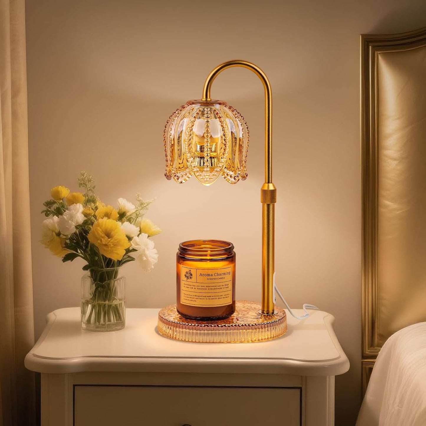 Petal Candle Warmer Lamp with Timer & Dimmable Light Champagne Gold - Adjustable Height Jar Melter on Crystal Glass Base, Home Decor Gift Set (Includes 2 Bulbs)