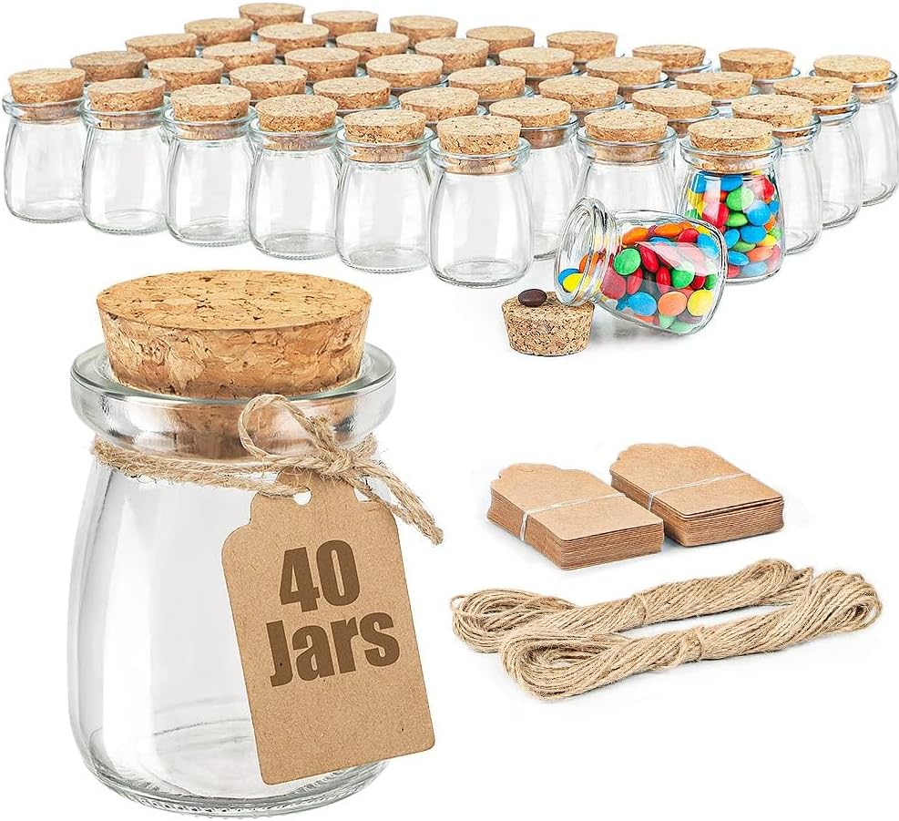Ritayedet 40 Pack Glass Favor Jars with Cork Lid, 3.4 oz Small Glass Bottles for Wedding Favor, Baby Shower, Party Favor, Gift Jars for Candy, Bonus Twine and Labels
