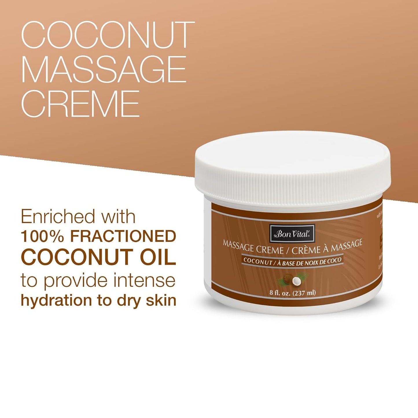 Bon Vital' Coconut Massage Creme Made with 100% Pure Fractionated Coconut Oil, Moisturizer to Repair Dry Skin, No Greasy Feel, Anti-Aging Cream for Professional Massage, 8 Ounces (Packaging May Vary)