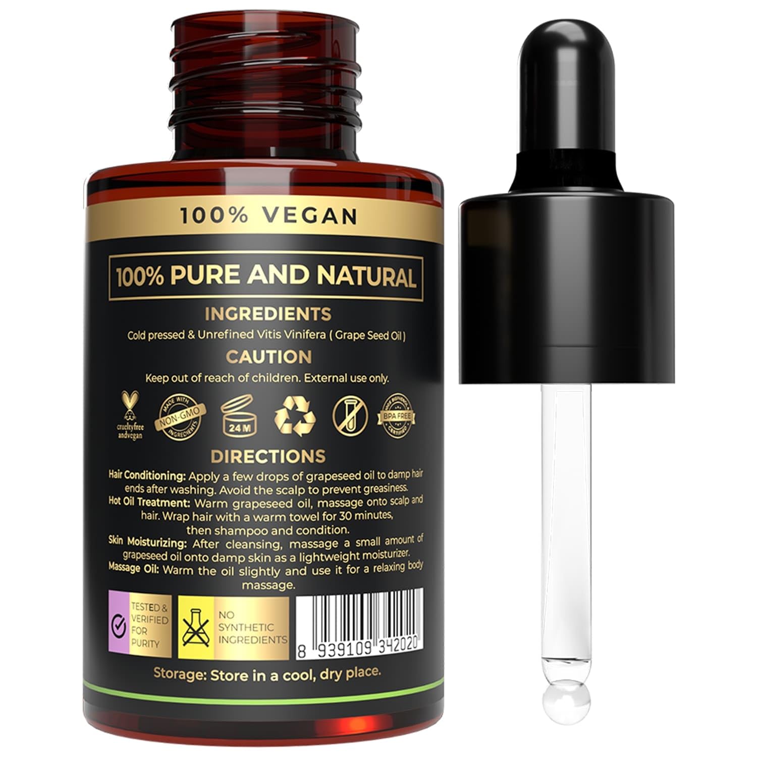 USDA Organic Grapeseed Oil - 100% Pure, Cold-Pressed, Non-GMO - Ideal Massage Oil, Face Oil, Hair Care, Skin Moisturizer - Best Grape Seed Oil for Skin & Hair - 1 Fl oz