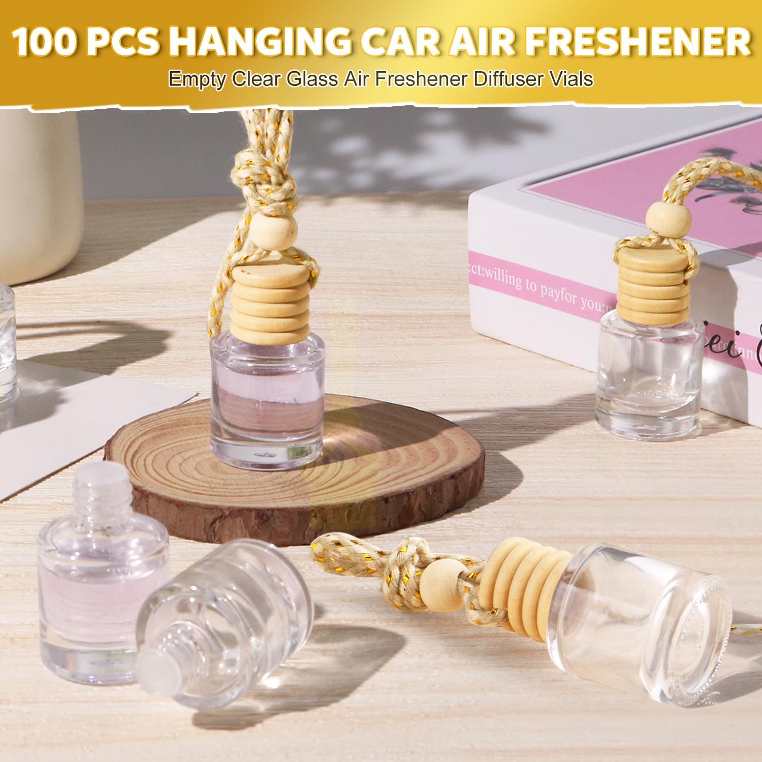 100 Pcs 8ml Hanging Car Air Freshener,Empty Clear Glass Essential Oil Diffuser Perfume Aromatherapy Pendant Bottle Vials Ornament Decor with Wooden Caps & Hanging String-Cylindrical Shape